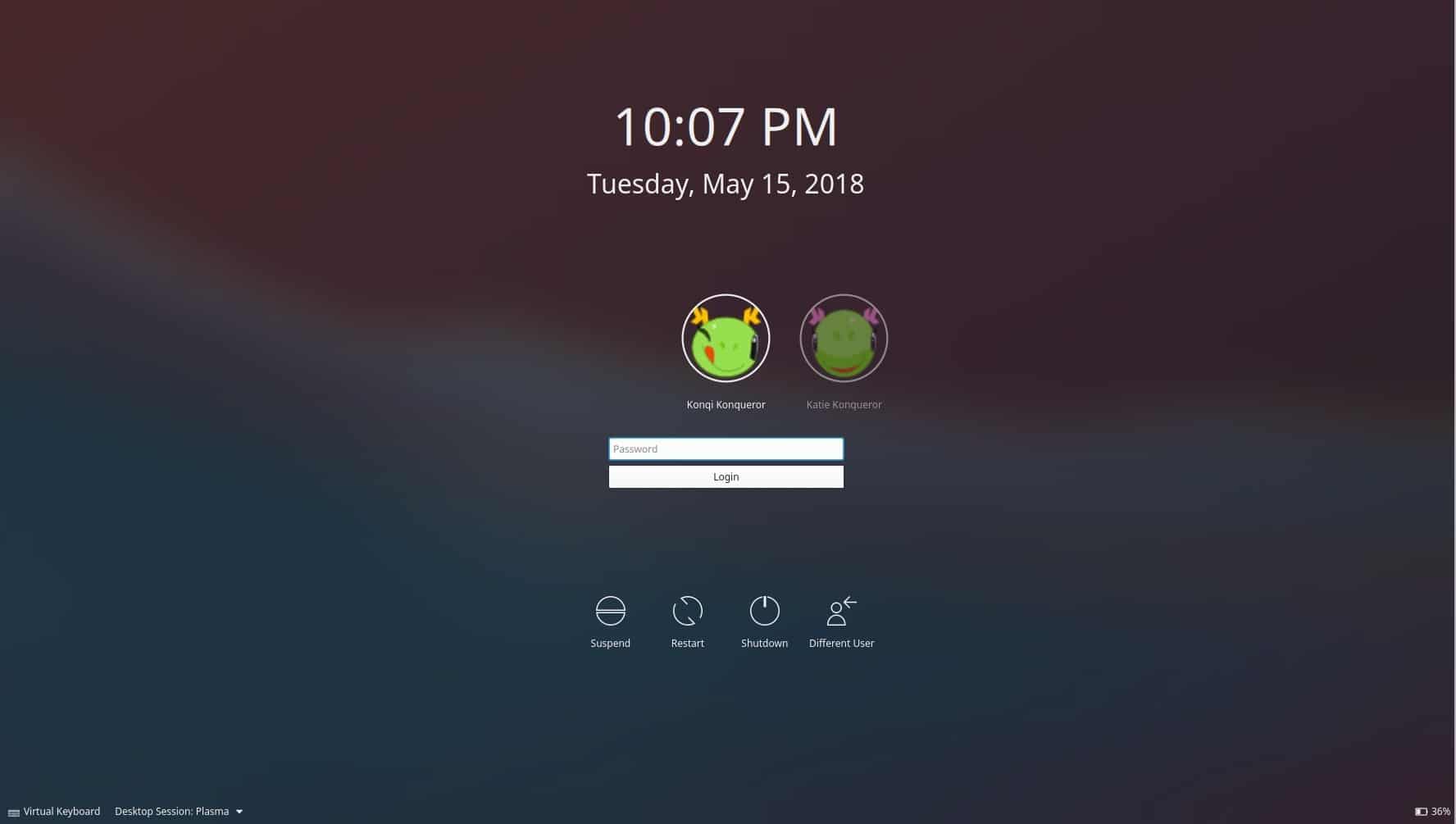 KDE Plasma 5.13 tela de login