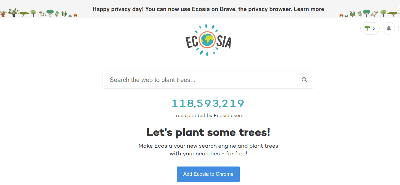 Navegador Brave inclui mecanismo de pesquisa privado e sustentável Ecosia por padrão