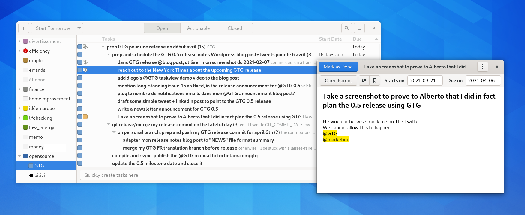Aplicativo Getting Things GNOME 0.5 lançado com melhorias de desempenho