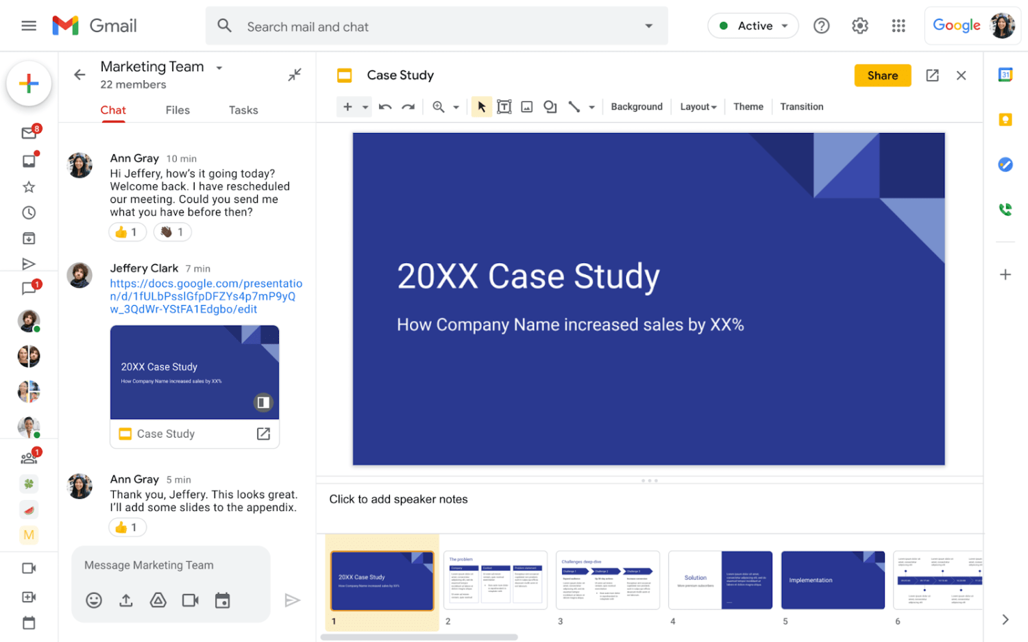 Novo Gmail adicionando suporte para edição de Apresentações Google com chat lado a lado