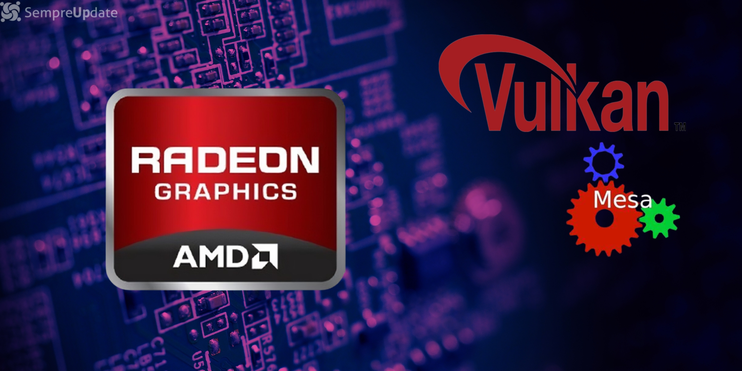 Logotipo do Vulkan exibido junto a representações gráficas do driver Mesa e GPUs Radeon, destacando compatibilidade e suporte no Linux.