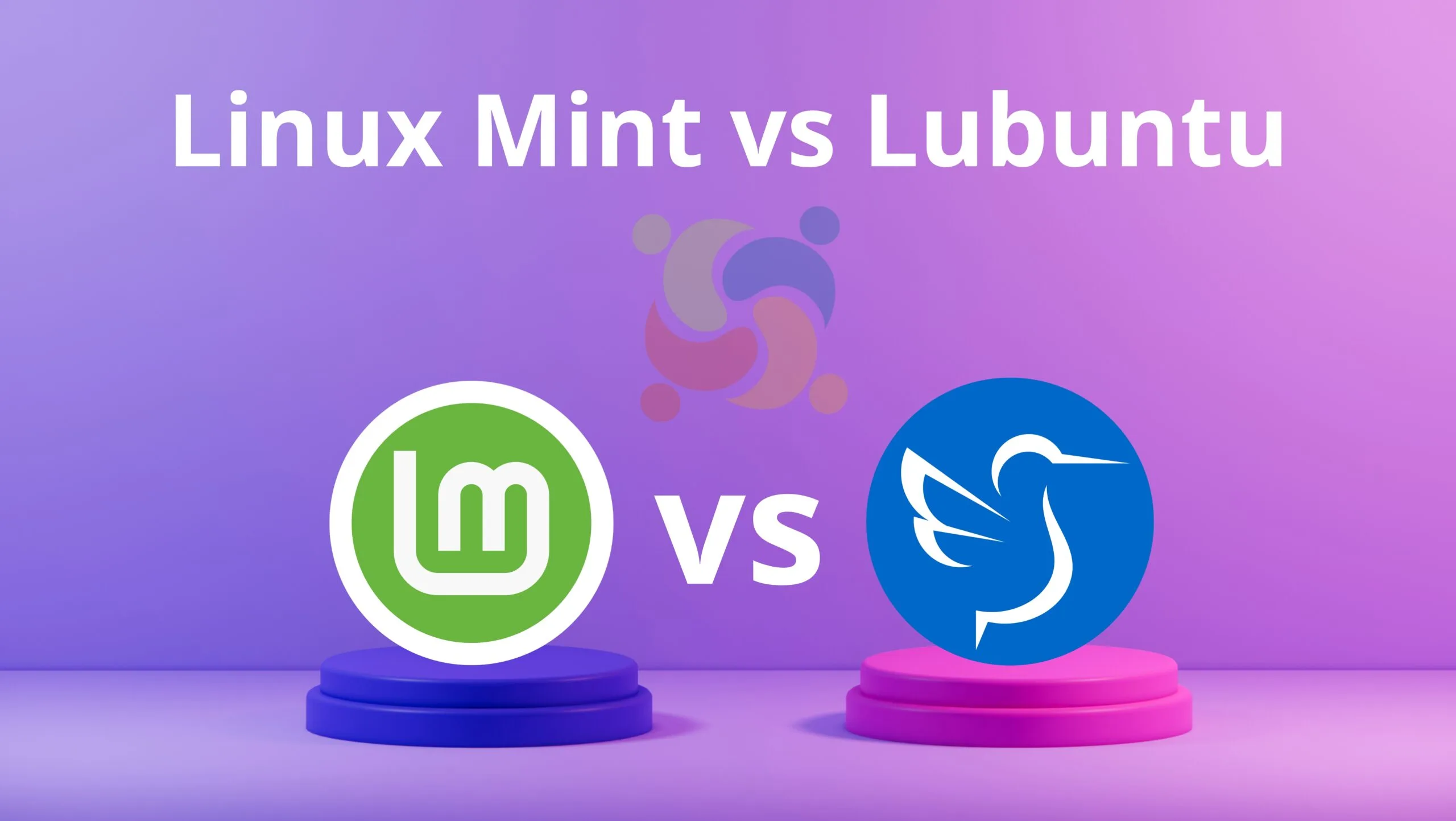 imagem com a logo do Linux Mint a esqueda e a logo do Lubuntu a direita. Com fundo degradê roxo.