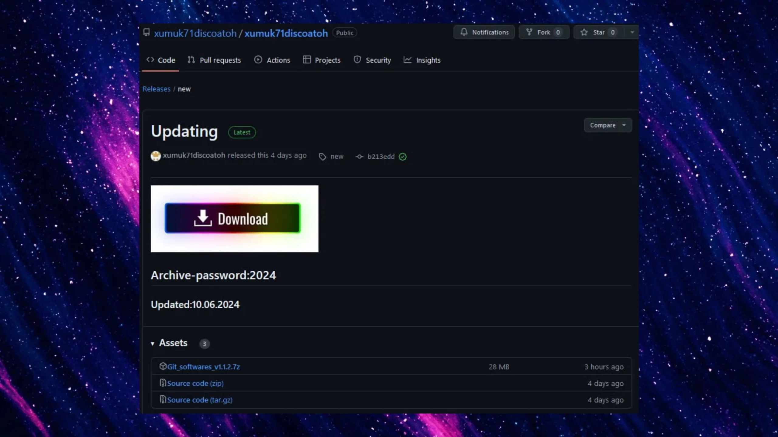 Cibercriminosos usam mais de 3.000 contas do GitHub para distribuir malware 2 Imagem com Repositório GitHub enviando arquivo protegido por senha contendo malware
