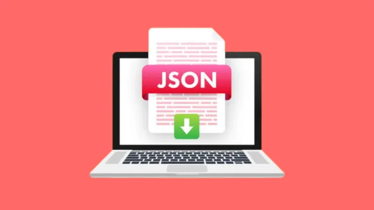 Imagem de computador com ferramenta JSON na tela com fundo vermelho