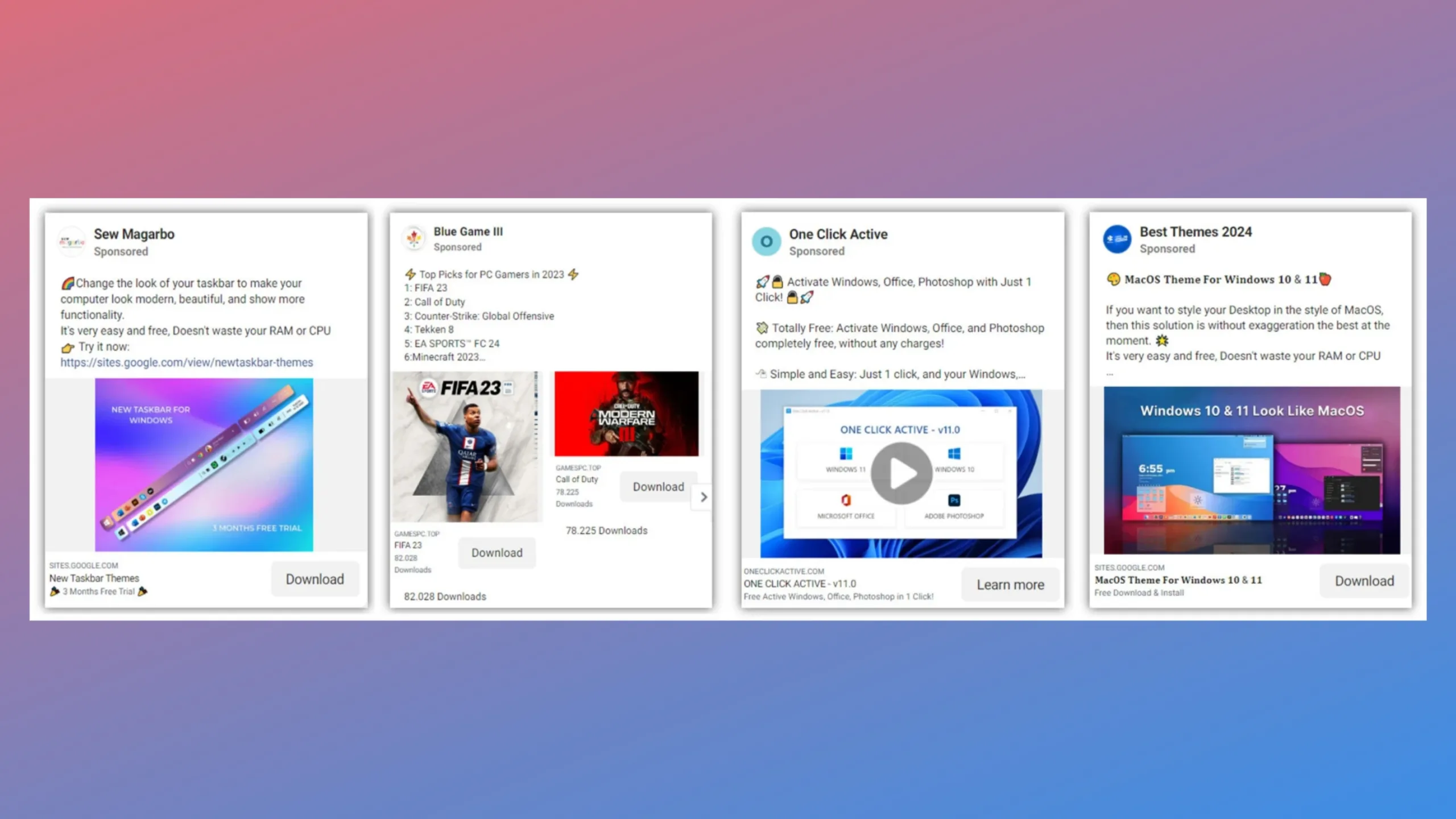 Anúncios do Facebook estão espalhando malware que rouba informações 2 Imagem com anúncios do Facebook com fundo degradê azul e laranja