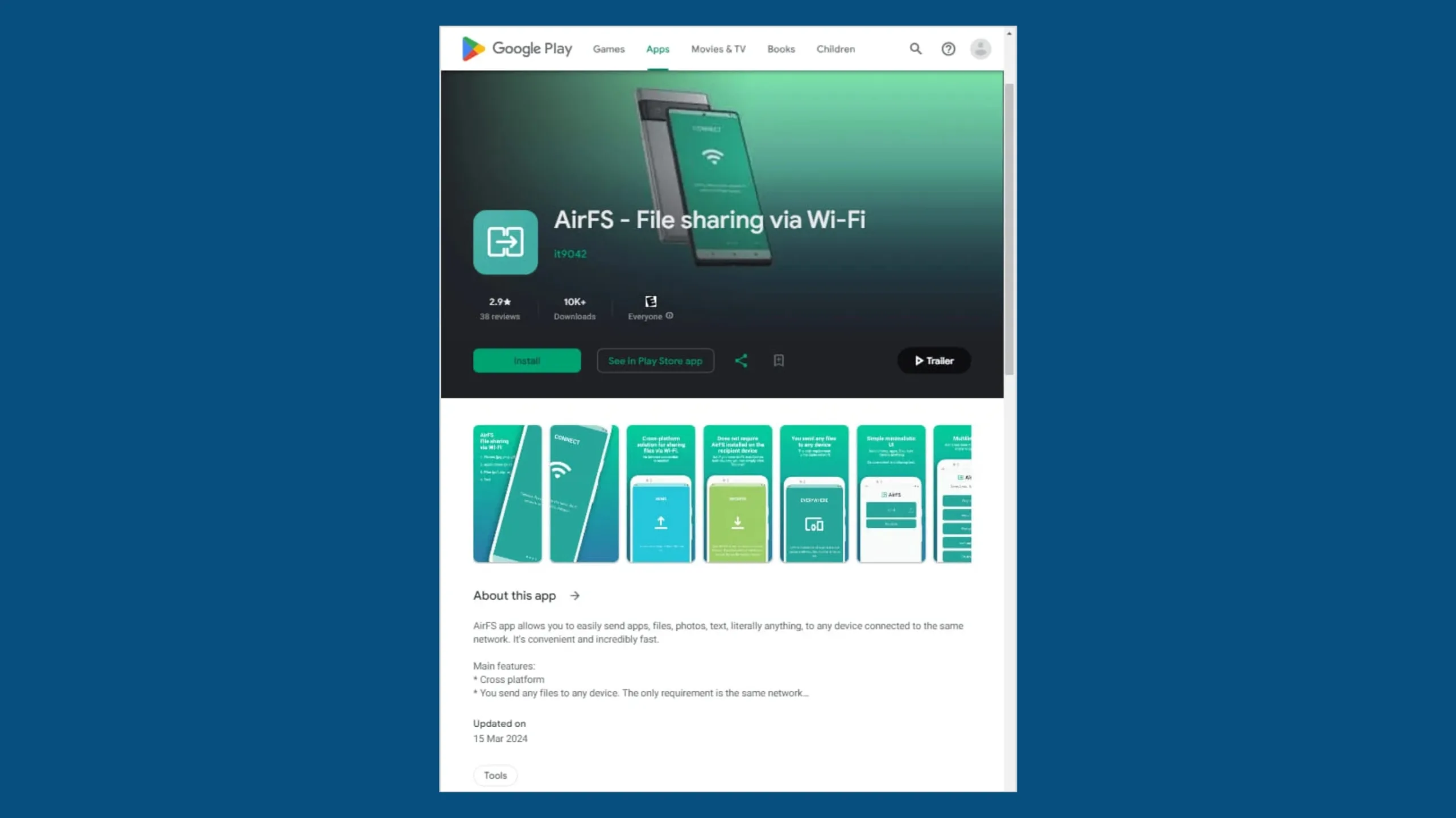 Spyware Mandrake se manteve escondido em aplicativos da Play Store desde 2022 2 Imagem AirFS no Google Play