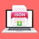 Imagem de computador com ferramenta JSON na tela com fundo vermelho