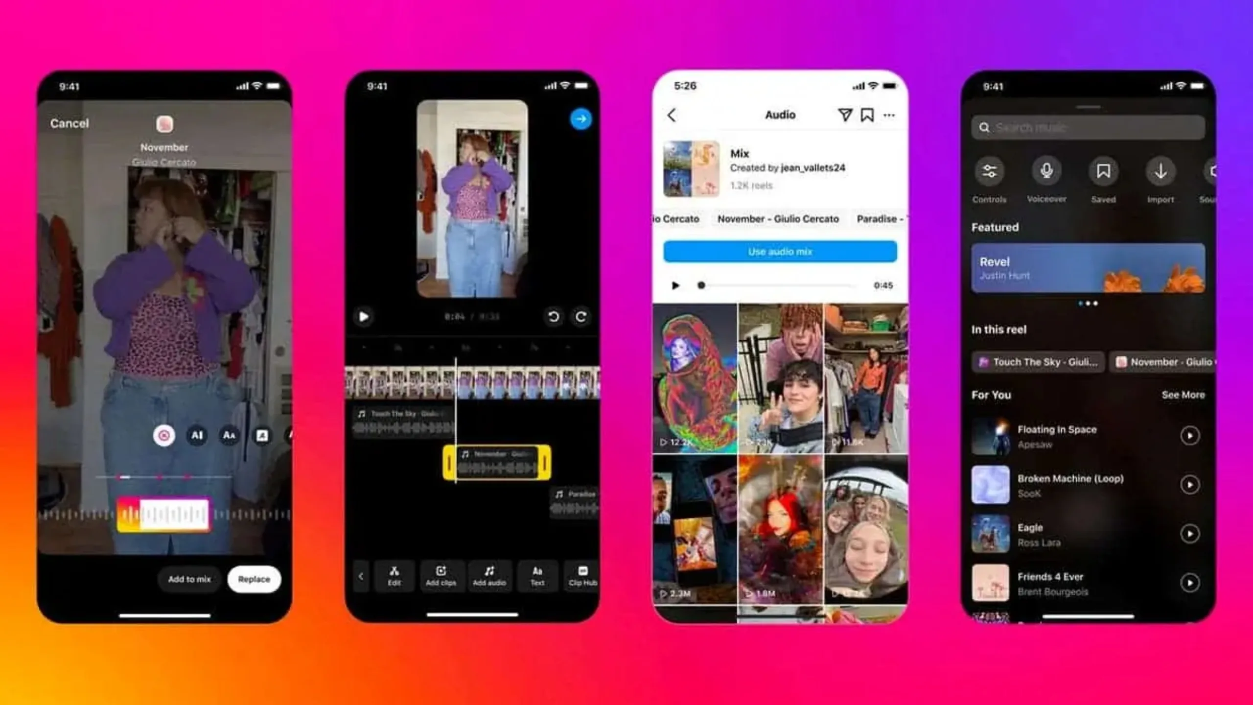 Meta atualiza o Reels do Instagram e insere recurso multiáudio! 2 Imagem com 4 smartphones mostrando o Reels do Instagram