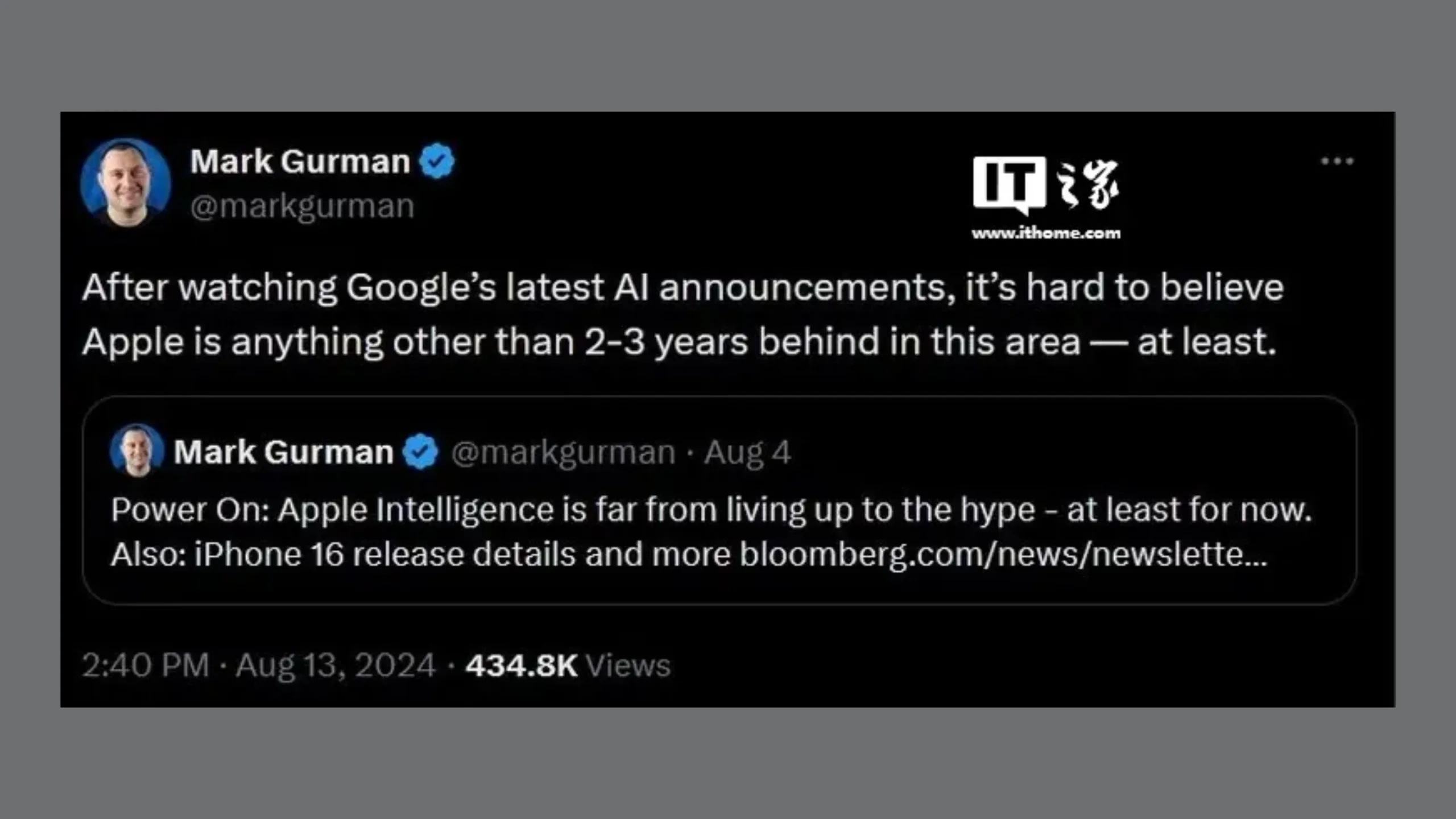 Gurman afirma que a Apple está pelo menos dois a três anos atrás do Google em IA 2 Imagem com mensagem no X
