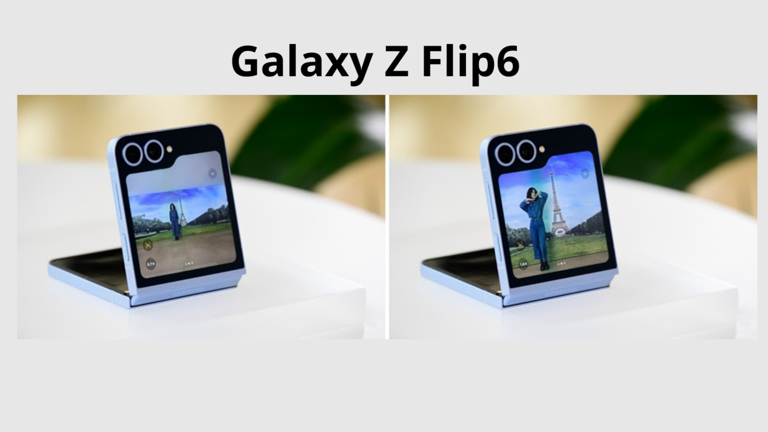 Capture os melhores momentos com o Galaxy Z Flip6: inovação e praticidade em um só dispositivo 1 Pessoa tirando uma selfie com a Torre Eiffel ao fundo usando o Galaxy Z Flip6 com Zoom Automático.