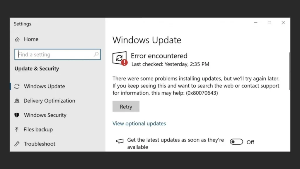 Erro 0x80070643 do Windows Update