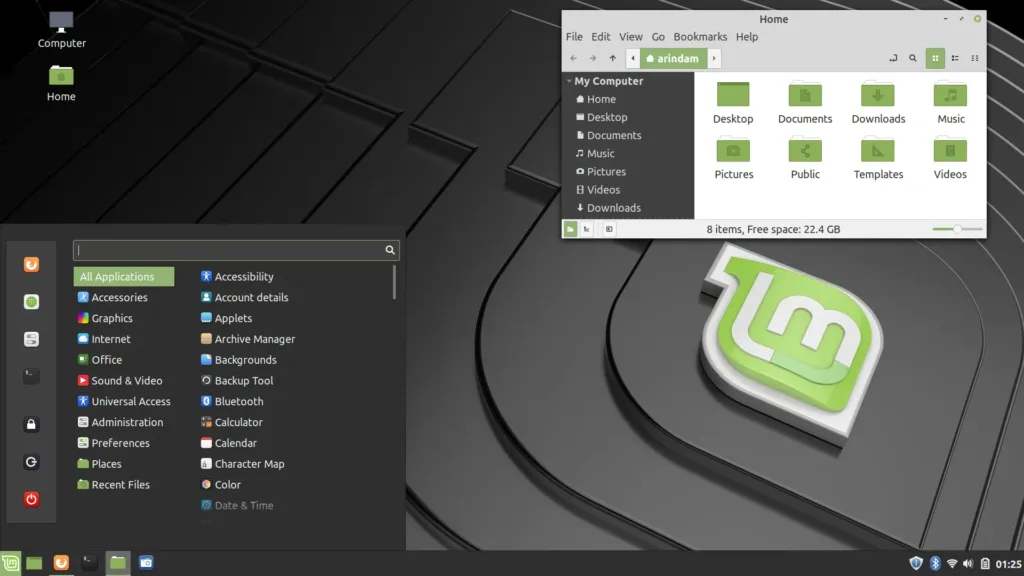 Linux Mint Interface - "Interface do desktop Cinnamon no Linux Mint"