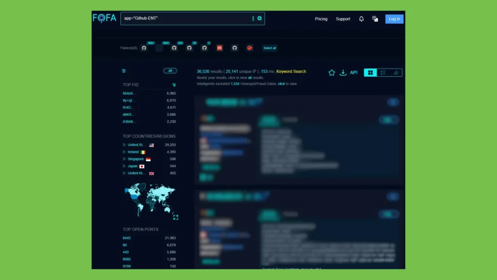 Imagem com Resultados da verificação do Fofa para instâncias GHES expostas na Internet