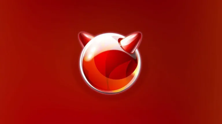 Imagem com a logomarca do Freebsd com fundo vermelho