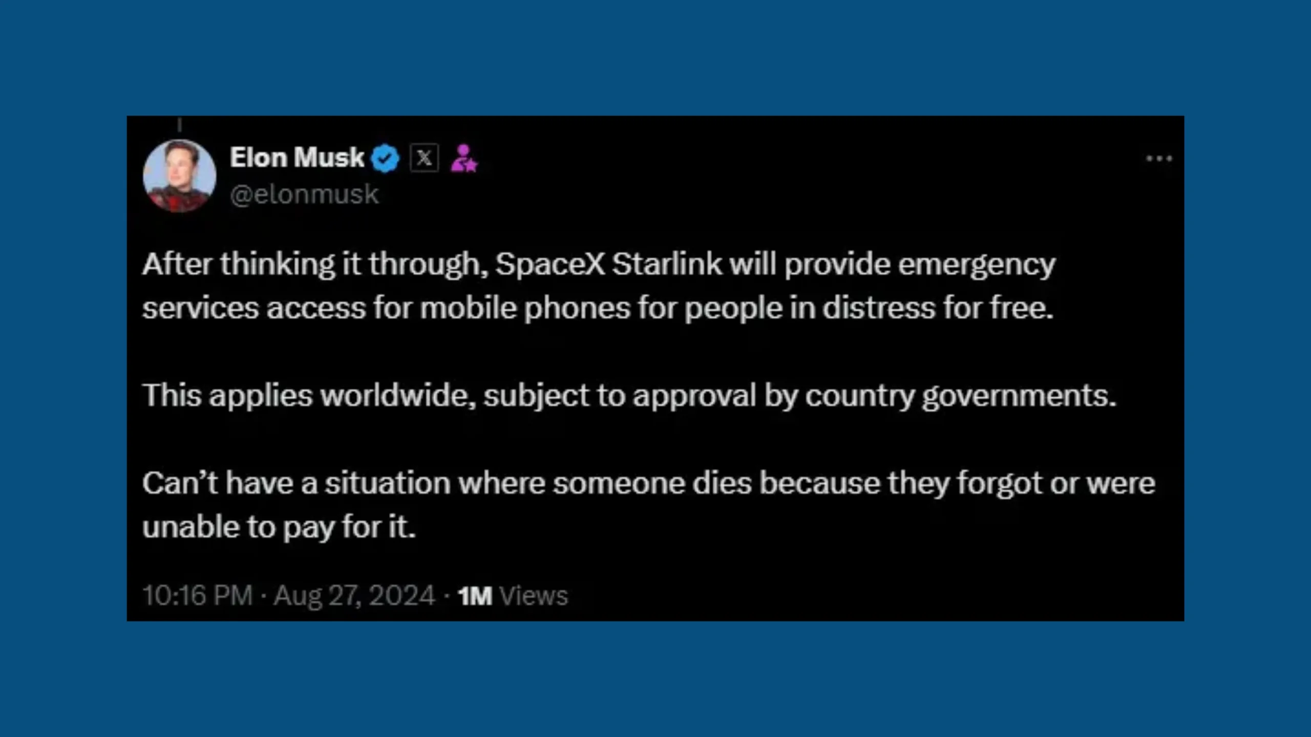 Starlink pode levar SOS via satélite gratuito para todos 2 Imagem com mensagem do X de Elon Musk