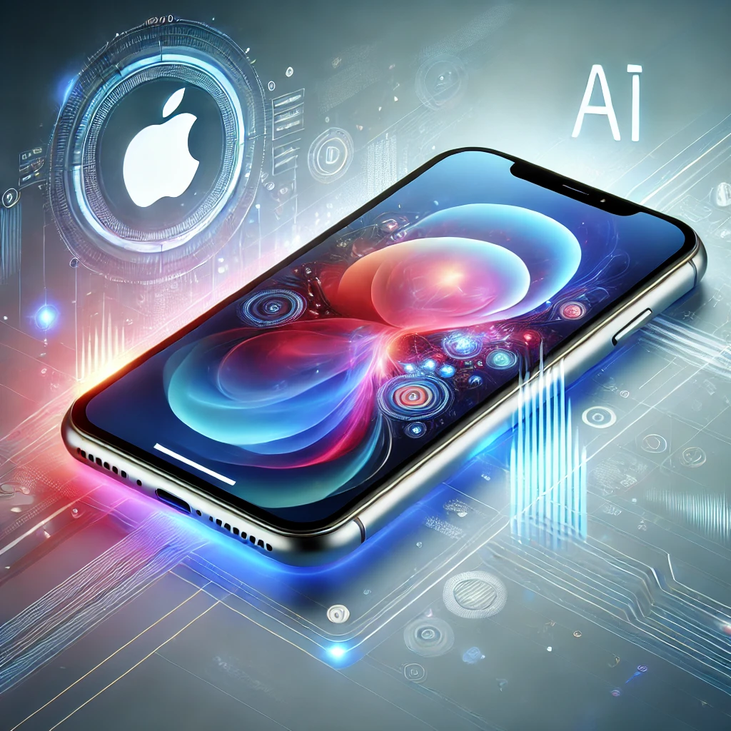 Imagem futurista de um iPhone com elementos de inteligência artificial, representando tecnologia avançada e inovação da Apple.