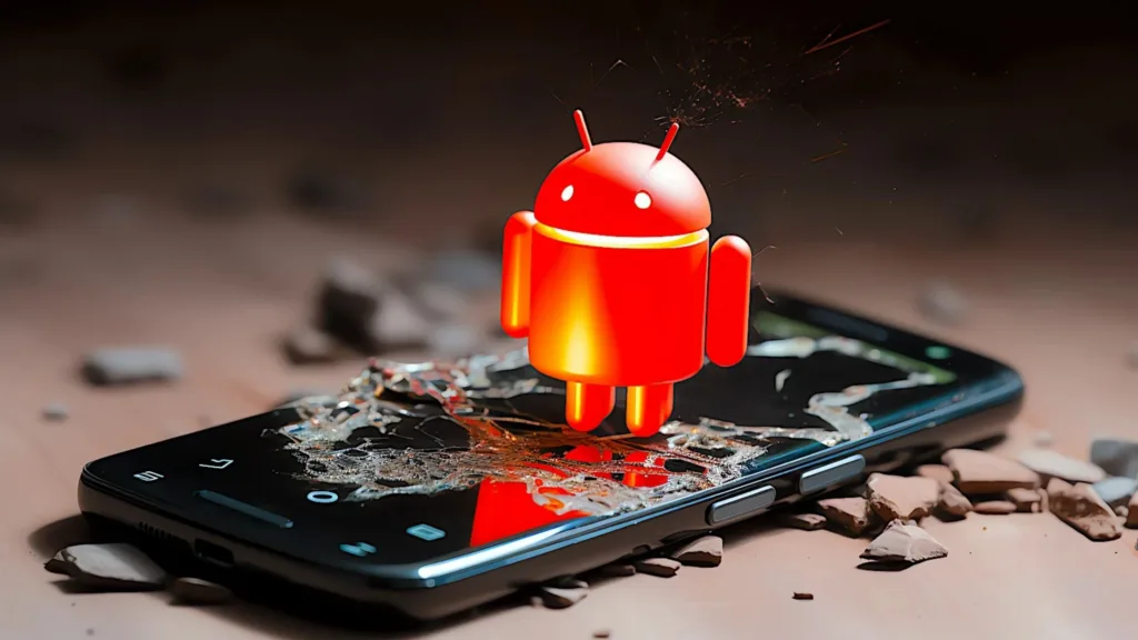 Imagem com o Android vermelho destruindo a tela de um smartphone