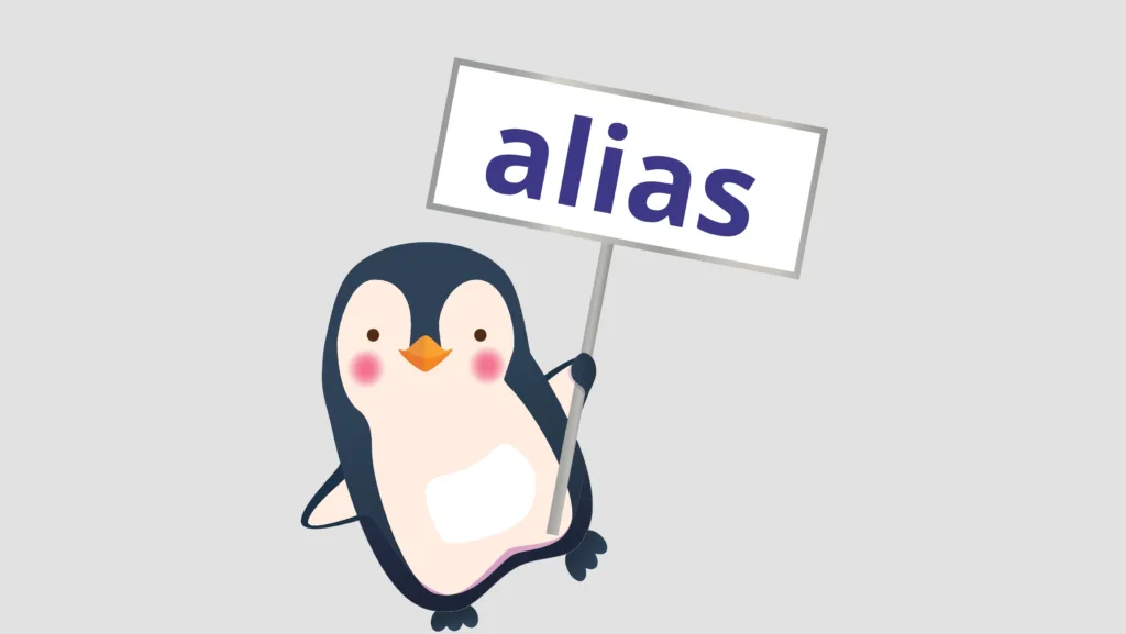 Pinguim segurando uma placa com a palavra 'alias', representando o uso do comando alias no Linux