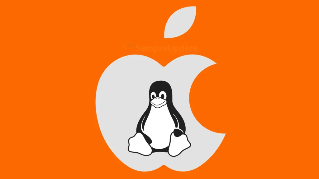 Fundo laranja com a logo da apple na cor cinza claro e o mascote tux do Linux ao centro, indicando que o Linux funcionará dentro dos dispositivos da Apple.