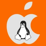 Fundo laranja com a logo da apple na cor cinza claro e o mascote tux do Linux ao centro, indicando que o Linux funcionará dentro dos dispositivos da Apple.
