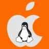 Fundo laranja com a logo da apple na cor cinza claro e o mascote tux do Linux ao centro, indicando que o Linux funcionará dentro dos dispositivos da Apple.