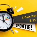 Relógio Analógico em um fundo amarelo, com o texto Linux Kernel 6.11 update, indicando o lançamento da versão.