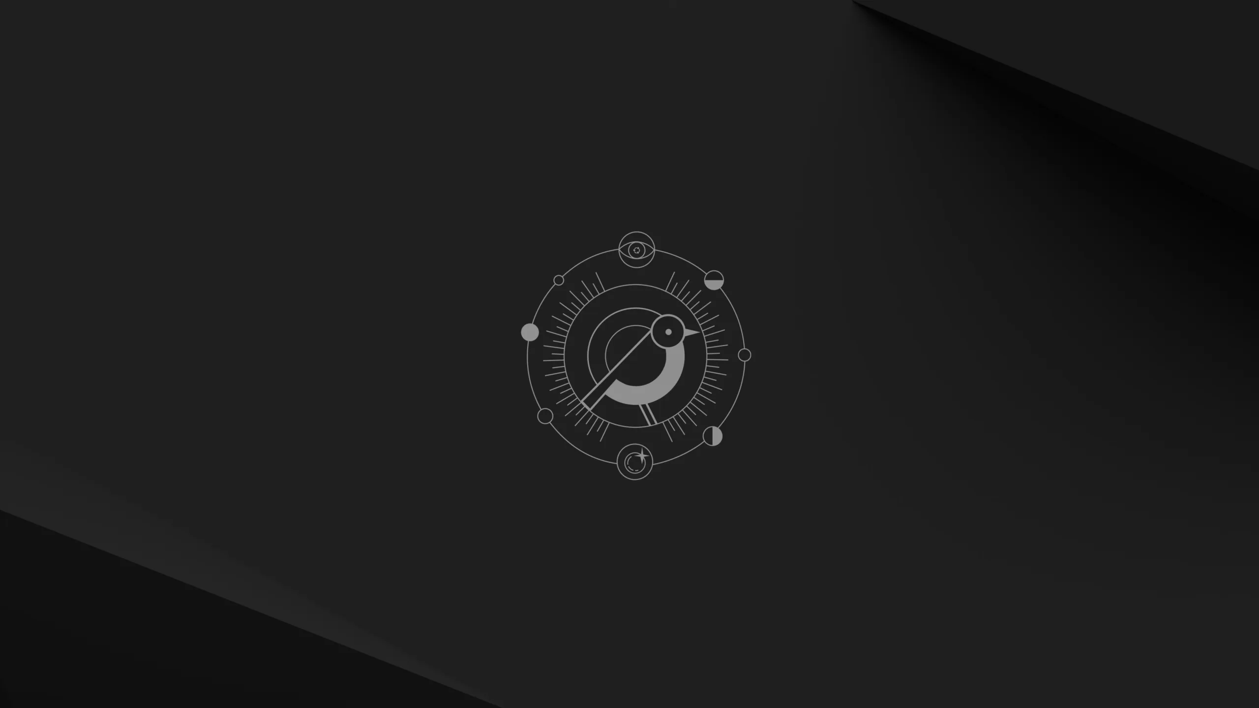 Wallpaper do Ubuntu 24.10 com fundo preto, destacando o mascote Oriole em tons de cinza no centro, cercado por um design geométrico minimalista.
