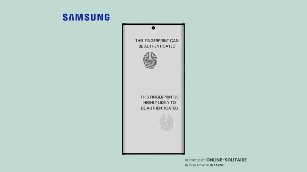 Imagem com dois celulares mostrando a patente da Samsung com impressão digital