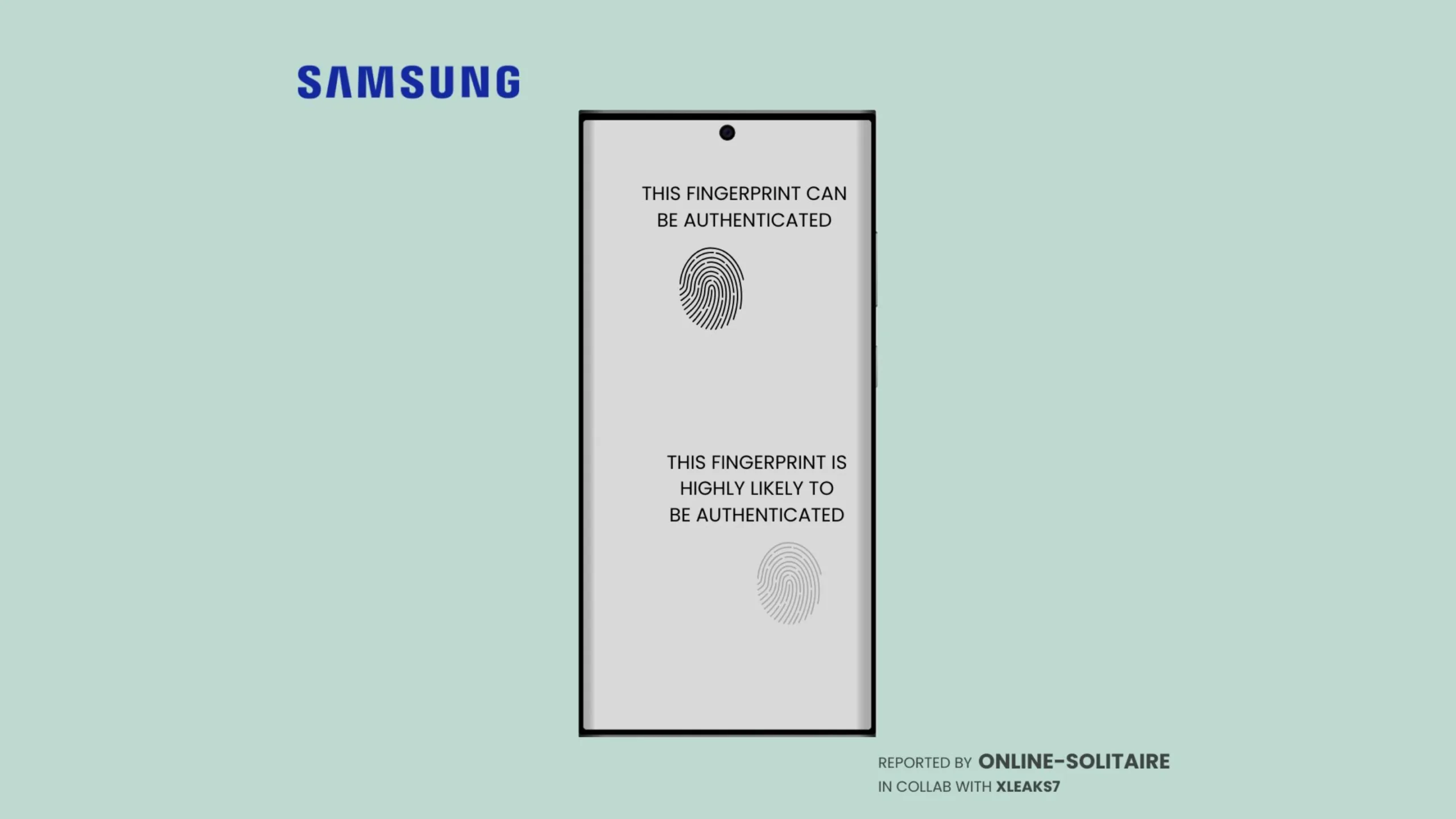 Imagem com dois celulares mostrando a patente da Samsung com impressão digital