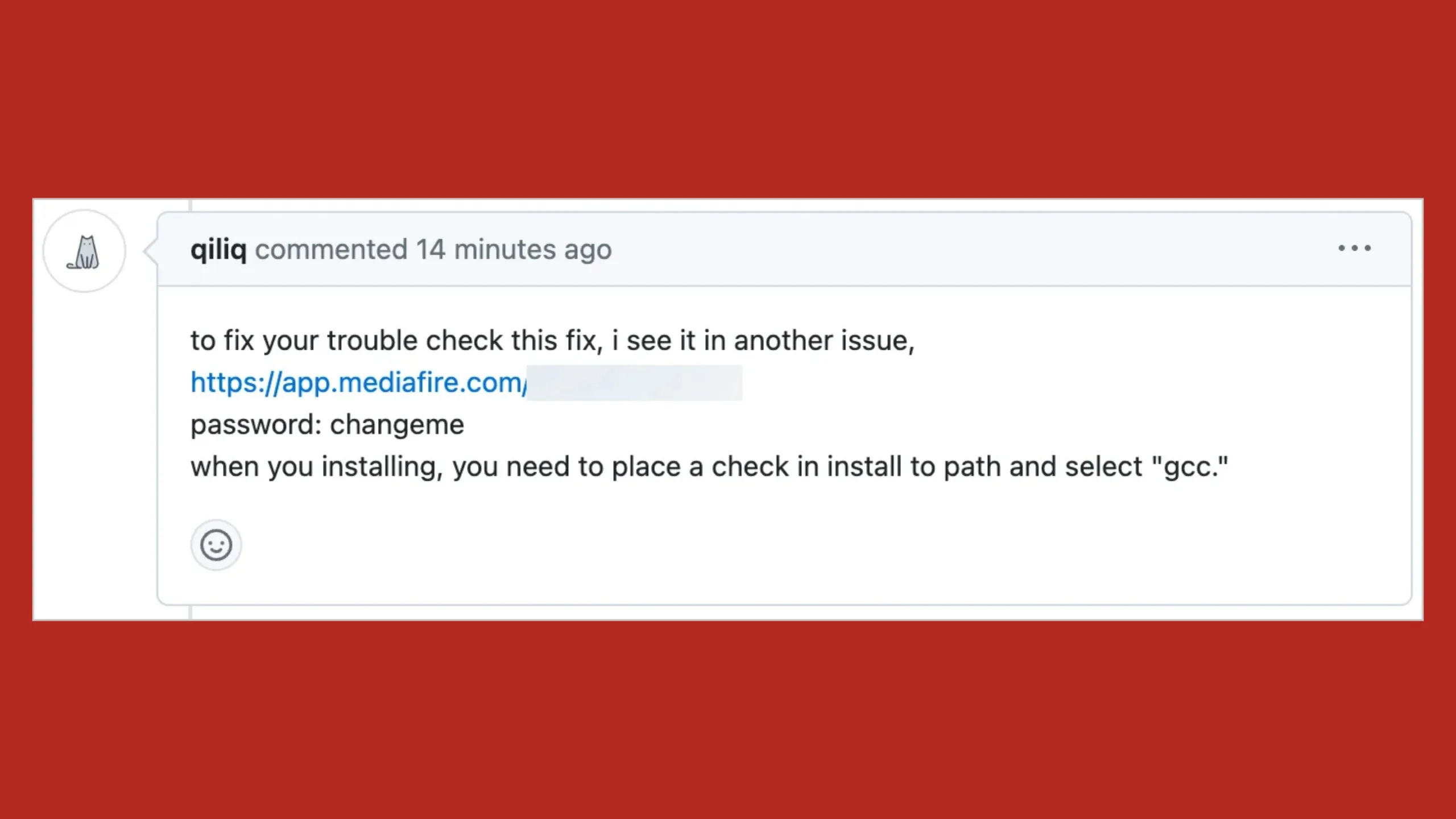 Comentários do GitHub são usados para espalhar malware! 2 Imagem com Resposta falsa para um problema do GitHub