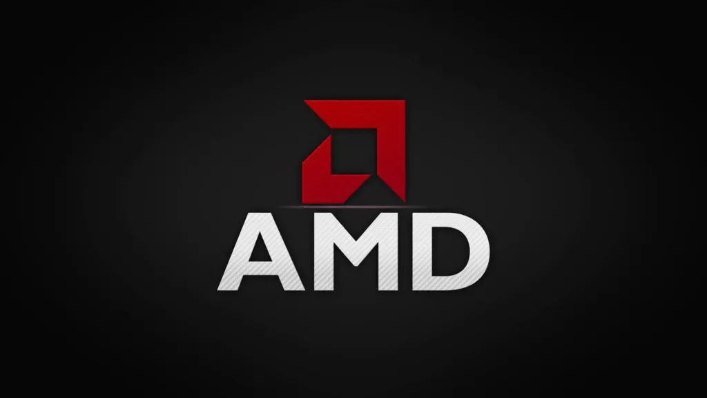 Logotipo da AMD com design moderno em fundo preto