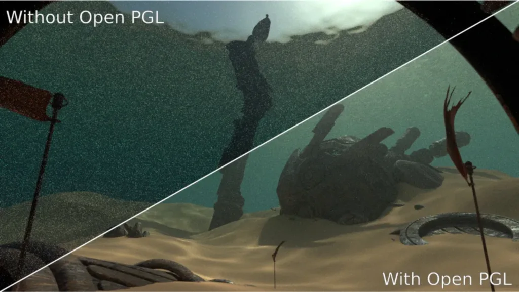 Comparação de qualidade de renderização sem e com o Open PGL, evidenciando melhorias visuais subaquáticas com o uso da biblioteca