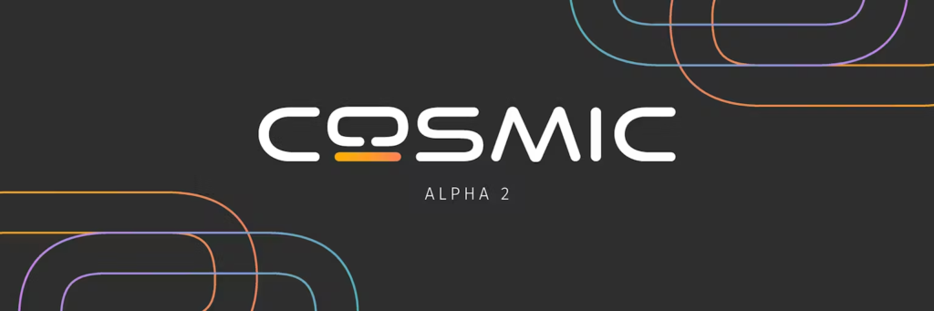 Logo do COSMIC Alpha 2 com design minimalista e linhas coloridas curvas sobre fundo cinza escuro.