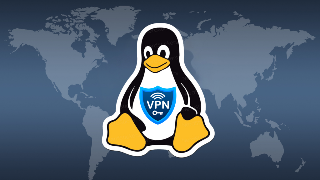 Configuração de VPN no Linux usando OpenVPN com a mascote Tux representando a segurança da VPN no mapa mundial