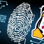 Imagem ilustrando a monitoração de logs no Linux com um símbolo de impressão digital, linhas de código, e o mascote do Linux com a palavra LOG.