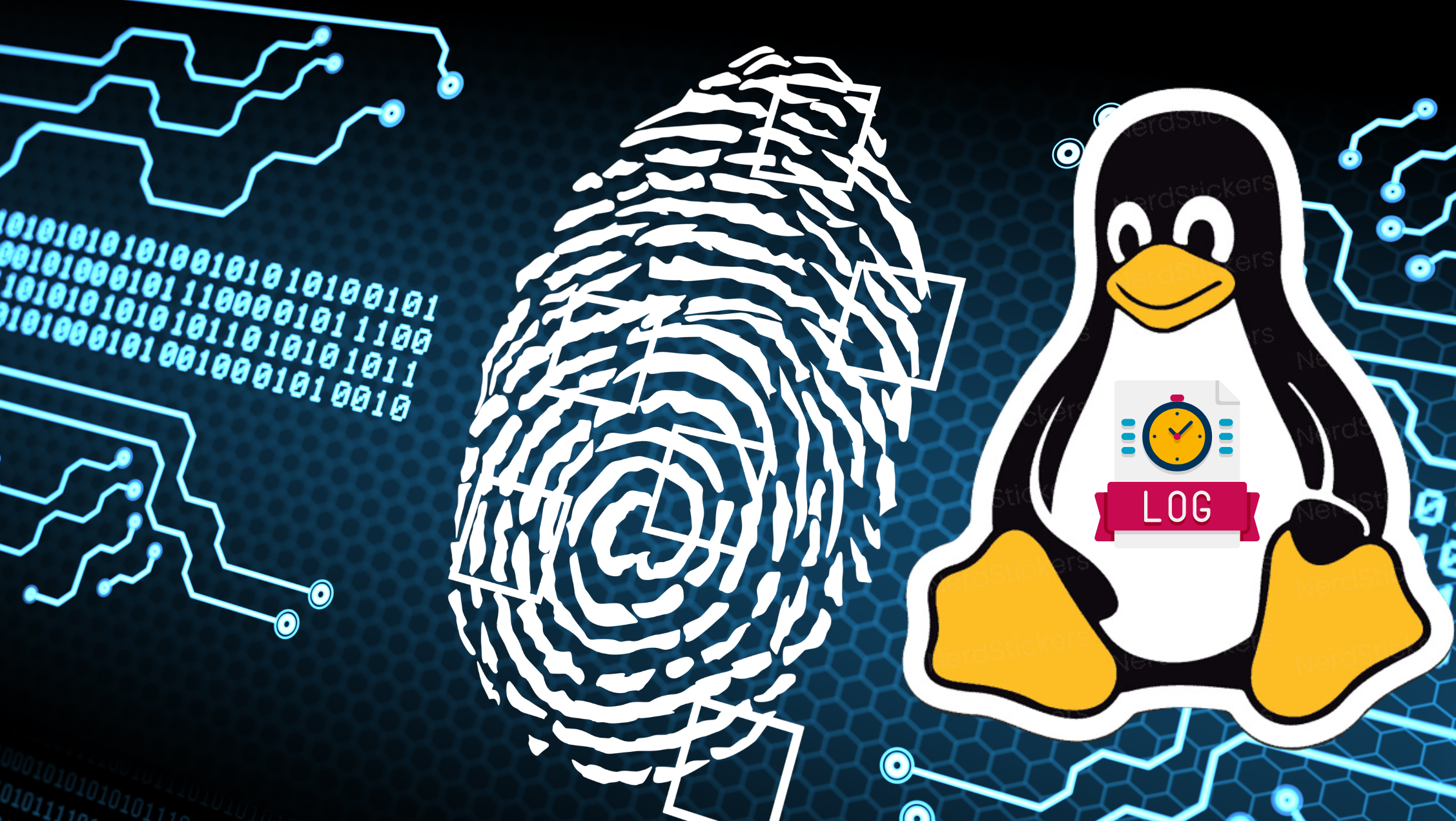 Imagem ilustrando a monitoração de logs no Linux com um símbolo de impressão digital, linhas de código, e o mascote do Linux com a palavra LOG.