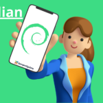 Ilustração de uma pessoa segurando um smartphone exibindo o logotipo do Debian, com o título 'Droidian' ao lado. A imagem representa o sistema operacional Droidian, uma variante do Debian para smartphones.