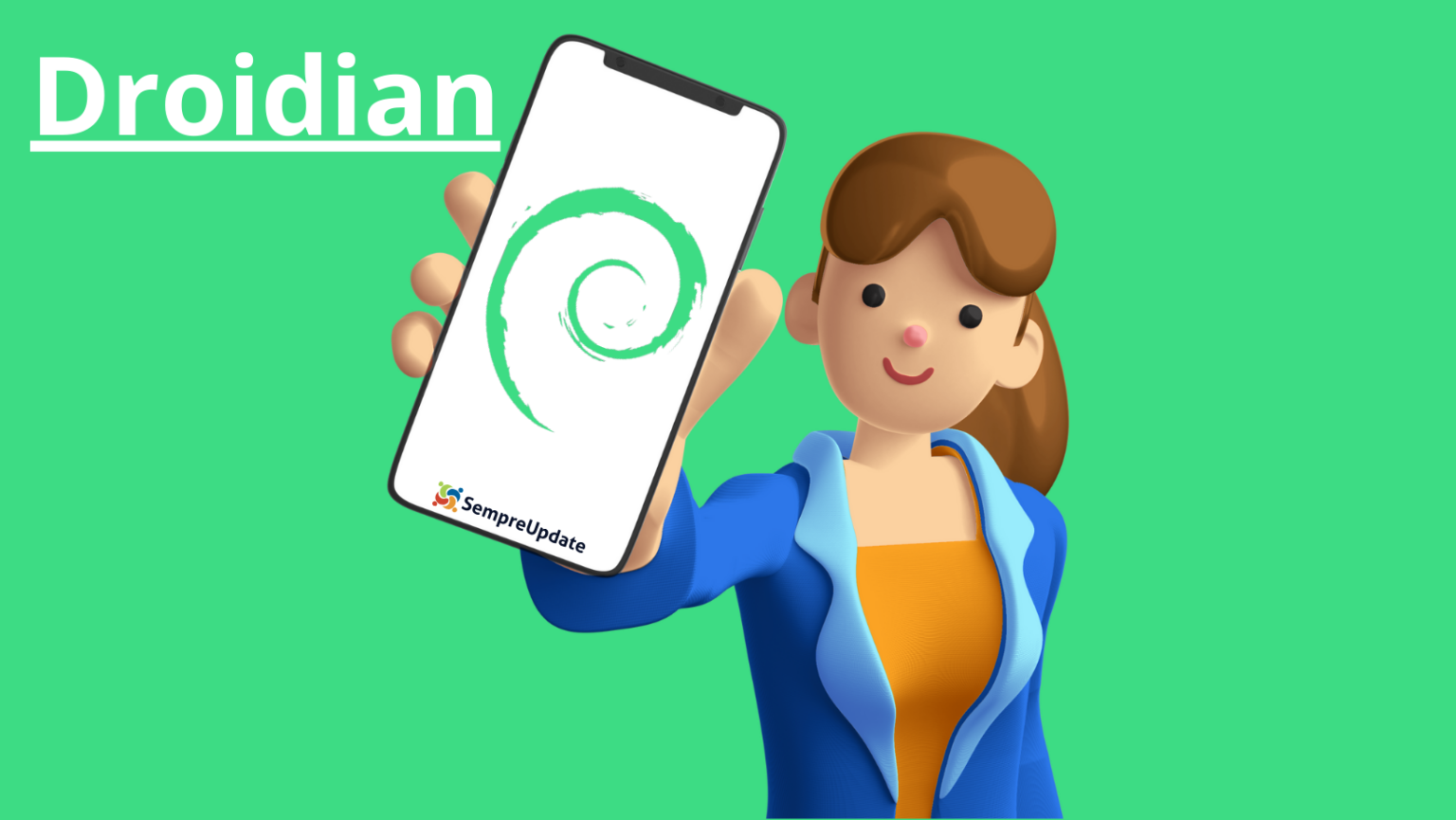 Ilustração de uma pessoa segurando um smartphone exibindo o logotipo do Debian, com o título 'Droidian' ao lado. A imagem representa o sistema operacional Droidian, uma variante do Debian para smartphones.