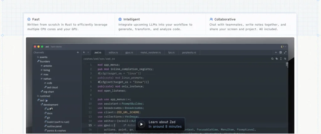 Interface do editor de código Zed, mostrando um projeto aberto com múltiplas abas e funcionalidades como a integração com GPU e uso colaborativo.