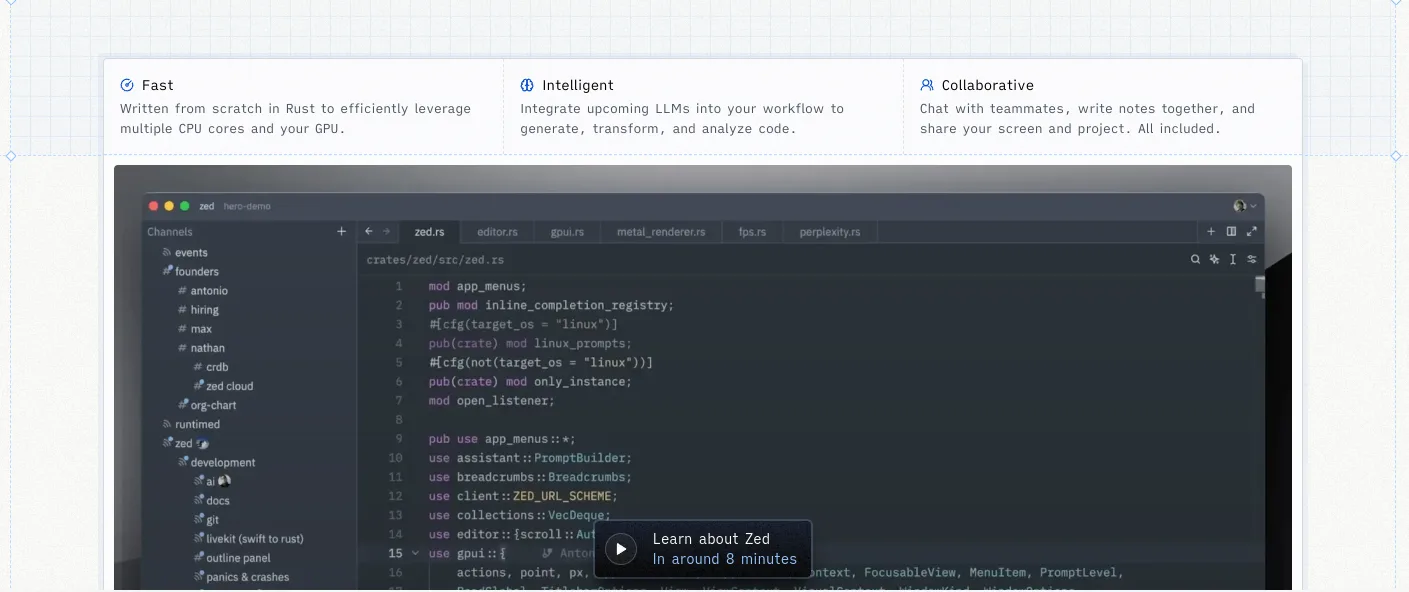 Interface do editor de código Zed, mostrando um projeto aberto com múltiplas abas e funcionalidades como a integração com GPU e uso colaborativo.
