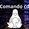 Imagem com códigos ilustrativos ao fundo, logo do linux o tux e o titulo Comando cd