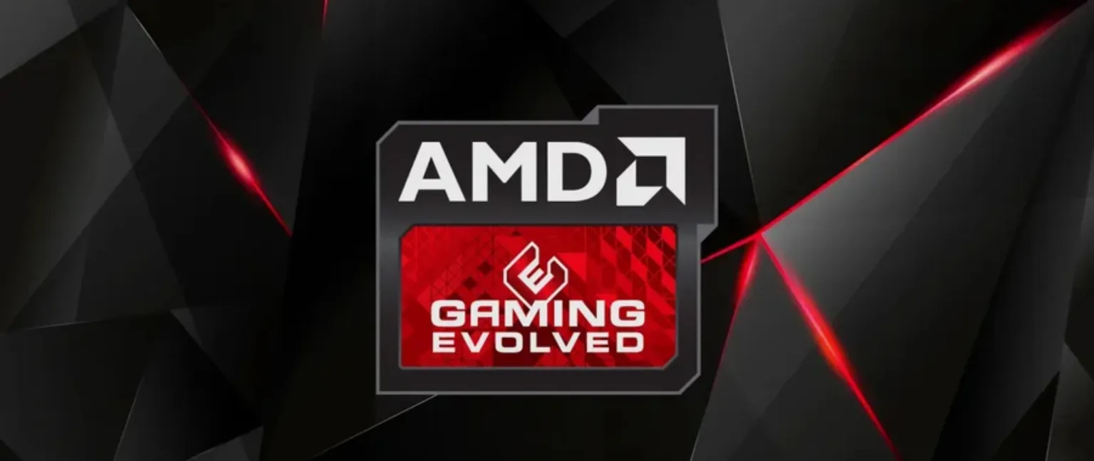 Logotipo da AMD Gaming Evolved com fundo preto e detalhes em vermelho