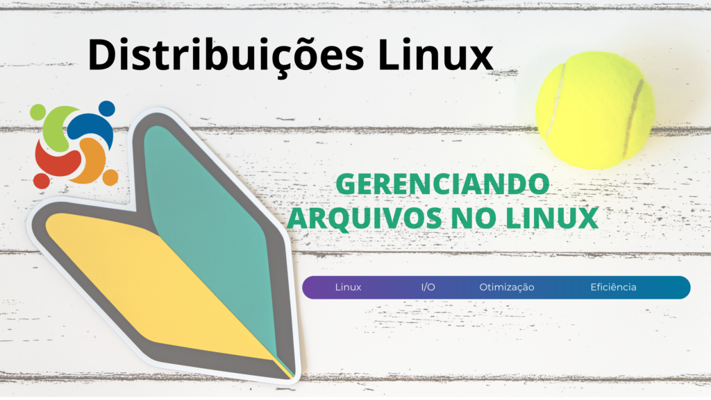 Imagem de destaque para o artigo sobre gerenciar arquivos no Linux, com o título 'Gerenciando arquivos no Linux'. A imagem contém uma bola de tênis, um adesivo com o símbolo do Linux e uma faixa inferior destacando termos como 'Linux', 'I/O', 'Otimização' e 'Eficiência'.