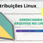 Imagem de destaque para o artigo sobre gerenciar arquivos no Linux, com o título 'Gerenciando arquivos no Linux'. A imagem contém uma bola de tênis, um adesivo com o símbolo do Linux e uma faixa inferior destacando termos como 'Linux', 'I/O', 'Otimização' e 'Eficiência'.