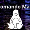 Imagem com códigos ilustrativos ao fundo, logo do linux o tux e o titulo Comando Man