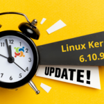 Relógio analógico com ícones coloridos, destacando a atualização do Linux Kernel 6.10.9 em fundo amarelo