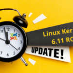 Relógio despertador preto com ponteiros em 10:10 e texto destacando 'Linux Kernel 6.11 RC7 Update' em fundo amarelo