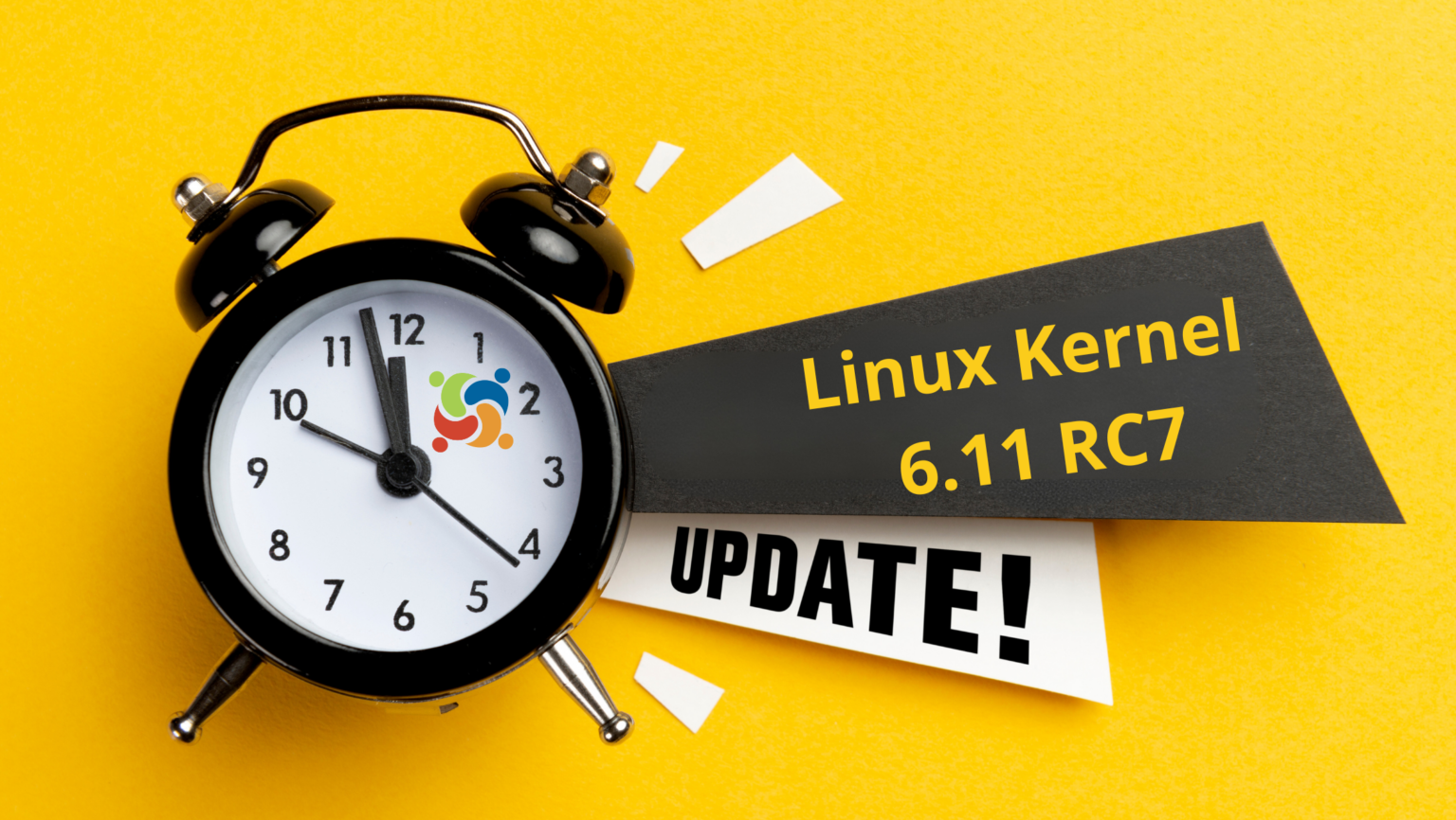 Correção no Linux 6.11-rc7 restaura desempenho gráfico AMD 1 Relógio despertador preto com ponteiros em 10:10 e texto destacando 'Linux Kernel 6.11 RC7 Update' em fundo amarelo