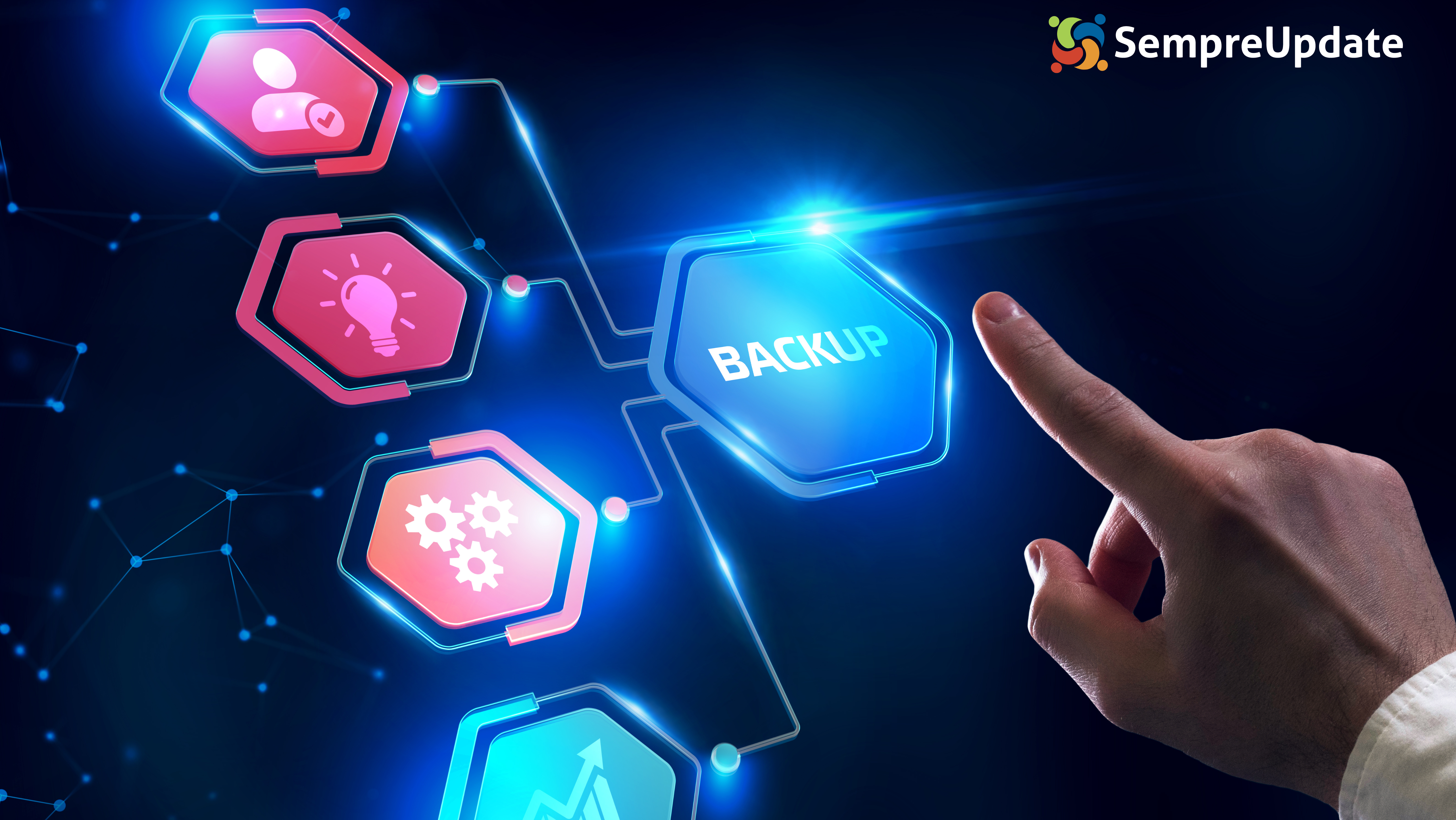 Mão apontando para ícone de backup em uma interface gráfica digital, representando automação de backups no Linux.