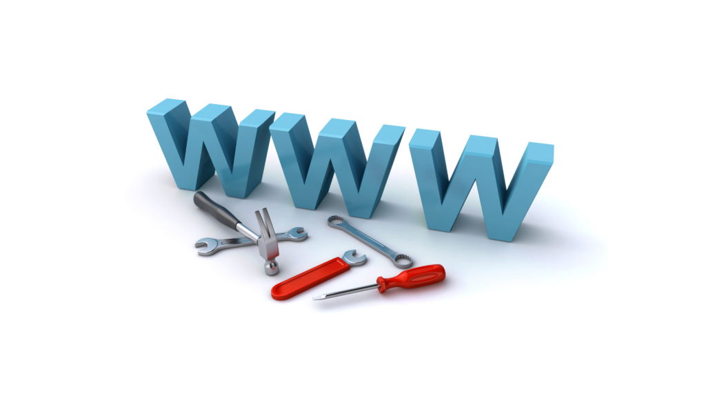 Ilustração com as letras "WWW" e ferramentas, representando desenvolvimento e manutenção de sites na web.